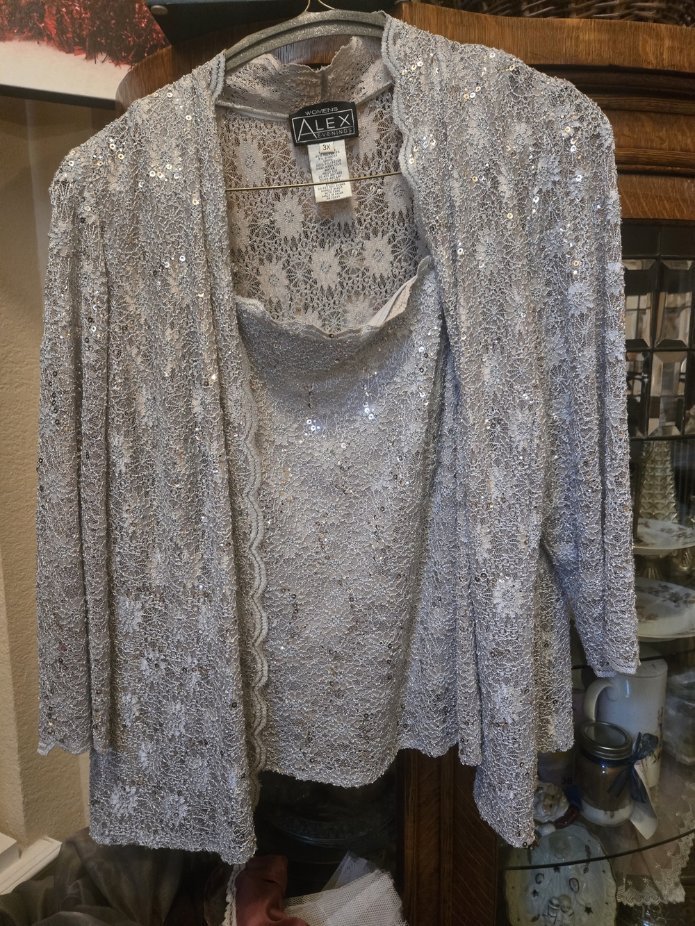 Alex Evenings Silver Lace Sequin Jacket and Shell Set 2x